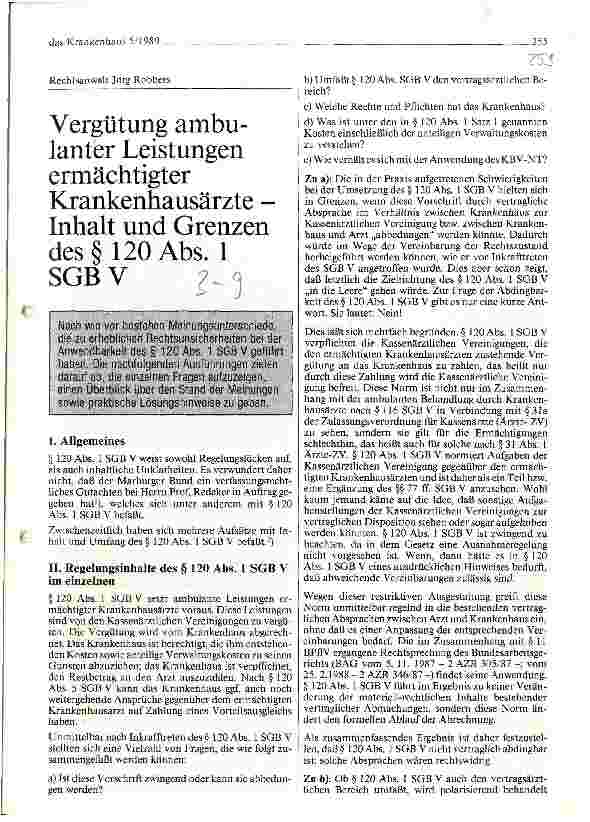 Vorschauseite 1: Vergütung ambulanter Leistungen ermächtigter Krankenhausärzte Inhalt und Grenzen des Paragraphen 120 Abs.1 SGB V