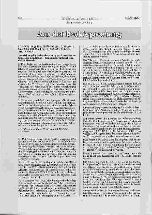 Vorschauseite 1: Verwirkung der Geltendmachung der Unwirksamkeit einer Kündigung gekündigter schwerbehinderter Mensch