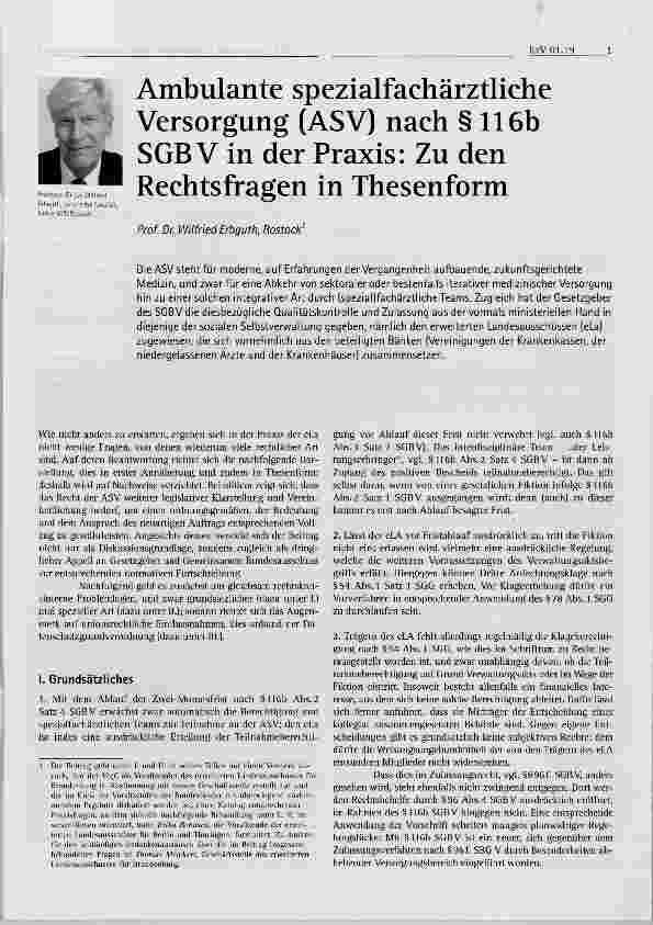 Vorschauseite 1: Ambulante spezialfachärztliche Versorgung (ASV) nach § 116b SGB V in der Praxis: Zu den Rechtsfragen in Thesenform