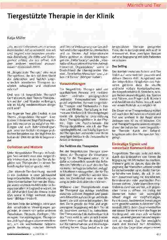 Vorschauseite 1: Tiergestützte Therapie in der Klinik
