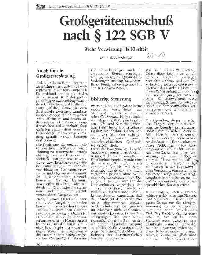 Vorschauseite 1: Großgeräteausschuß nach Paragraph 122 SGB V Mehr Verwirrung als Klarheit
