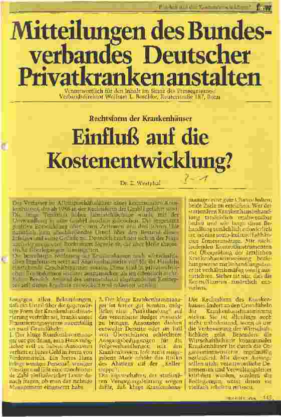 Vorschauseite 1: Einfluß auf die Kostenentwicklung? Rechtsform der Krankenhäuser