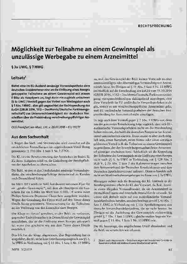 Vorschauseite 1: Möglichkeit zur Teilnahme an einem Gewinnspiel als unzulässige Werbegabe zu einem Arzneimittel