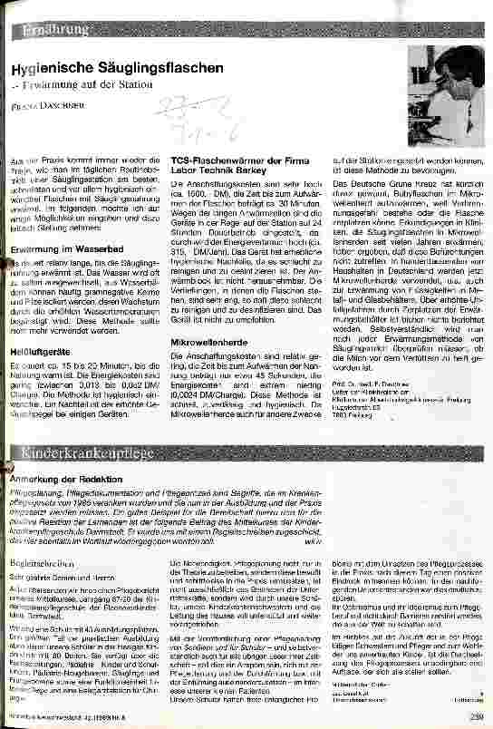 Vorschauseite 1: Hygienische Säuglingsflaschen -Erwärmung auf der Station