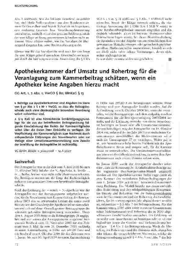 Vorschauseite 1: Apothekerkammer darf Umsatz und Rohertrag für die Veranlagung zum Kammerbeitrag schätzen, wenn ein Apotheker keine Angaben hierzu macht