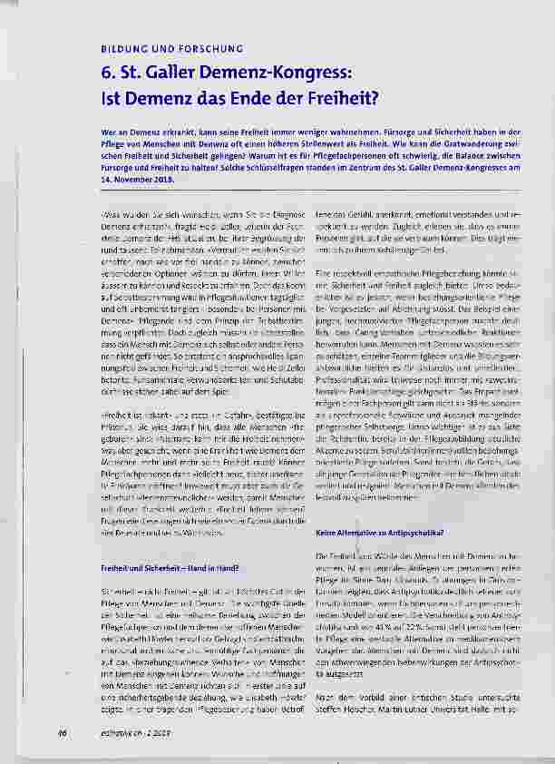 Vorschauseite 1: 6. St. Galler Demenz-Kongress: Ist Demenz das Ende der Freiheit?