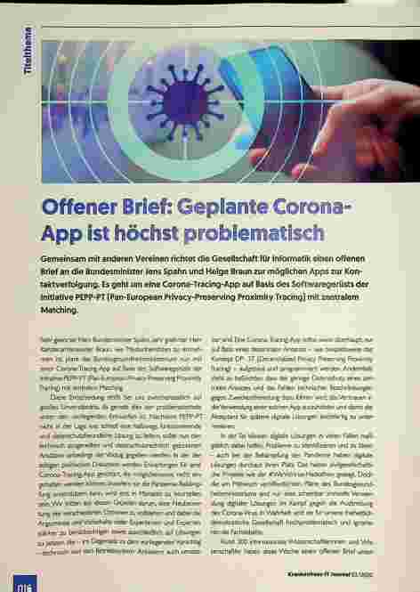 Vorschauseite 1: Offener Brief: Geplante Corona-App ist höchst problematisch