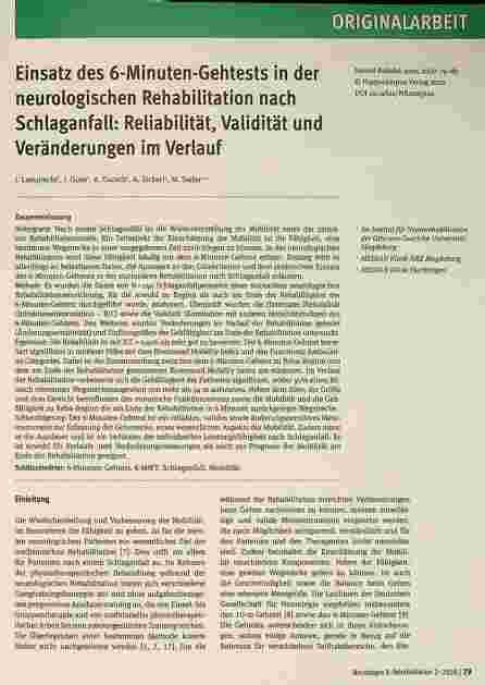 Vorschauseite 1: Einsatz des 6-Minuten-Gehtests in der neurologischen Rehabilitation nach Schlaganfall: Reliabilität, Validität und Veränderungen im Verlauf