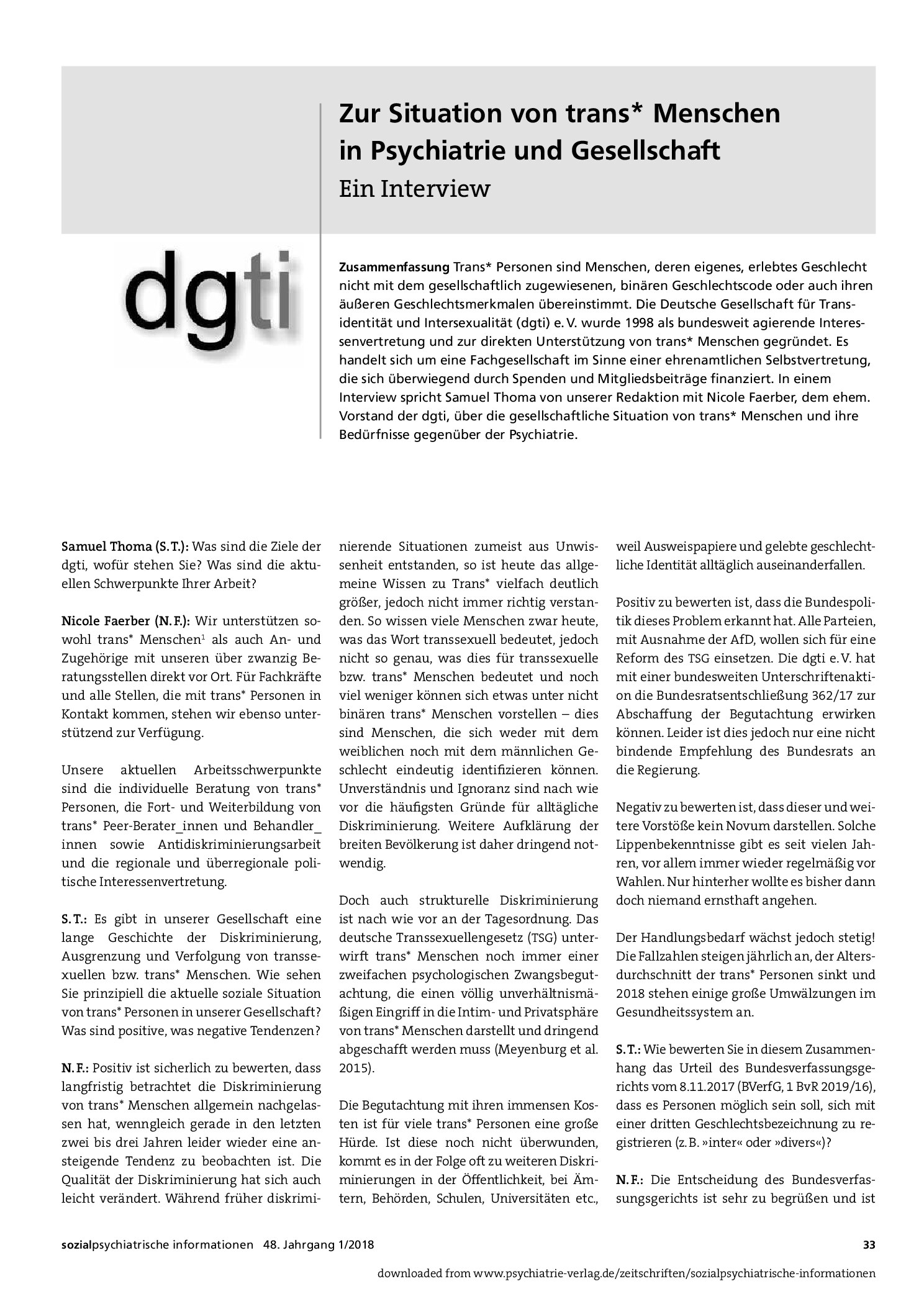 Vorschauseite 1: Zur Situation von trans* Menschen in Psychiatrie und Gesellschaft