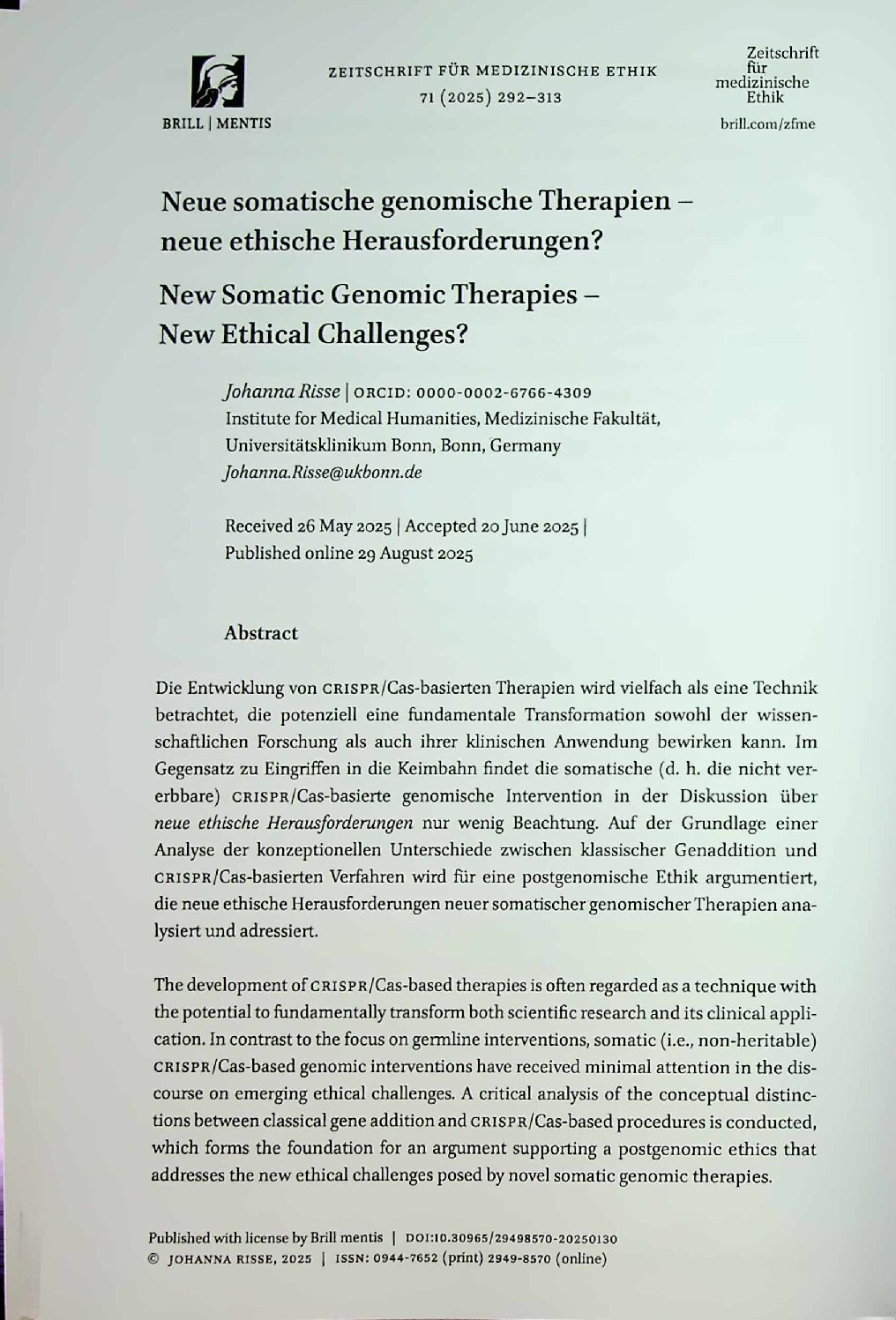 Vorschauseite 1: Neue somatische genomische Therapien – neue ethische Herausforderungen?