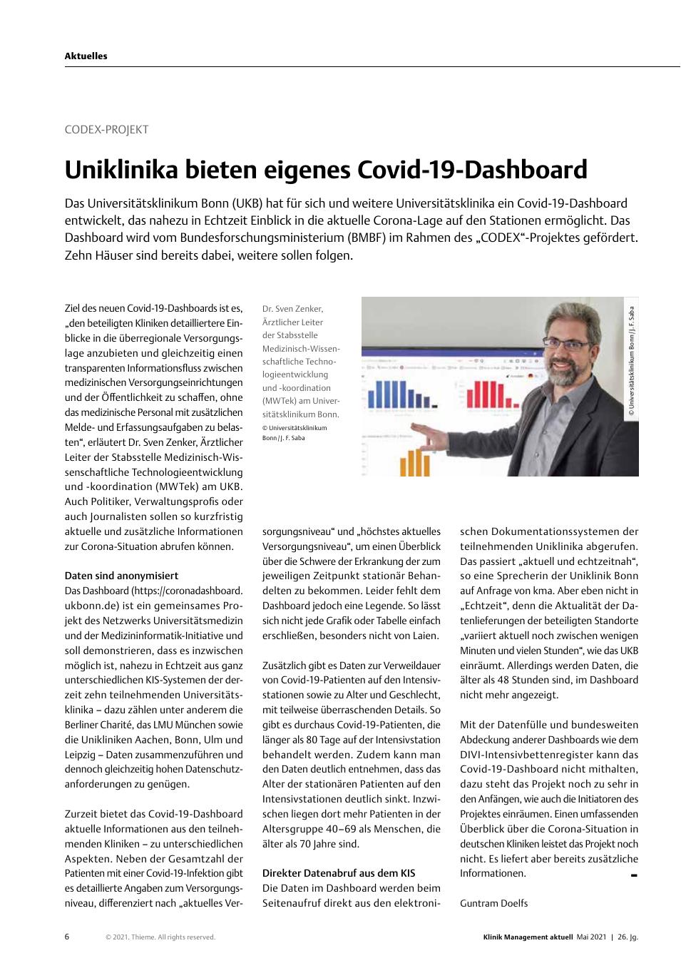 Vorschauseite 1: Codex-Projekt: Uniklinika bieten eigenes Covid-19-Dashboard