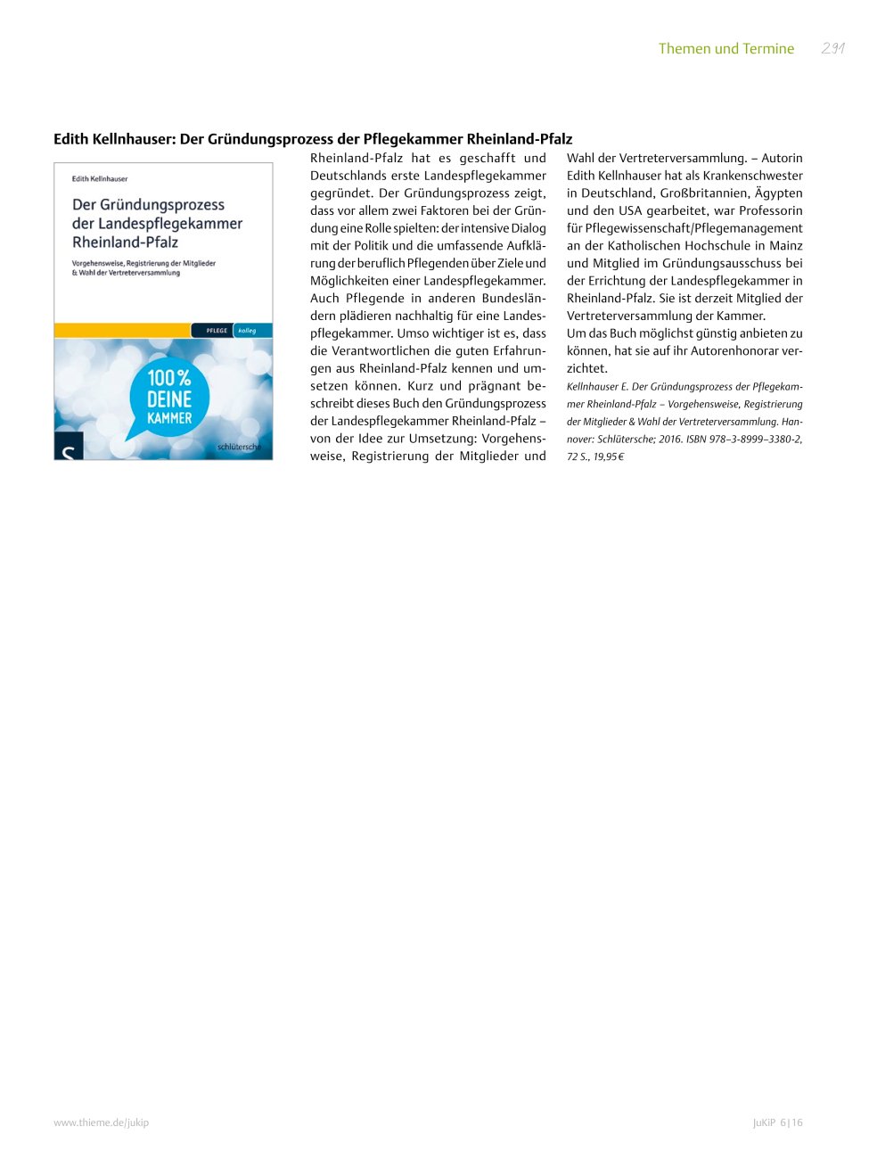 Vorschauseite 1: Buchtipp: Edith Kellnhauser: Der Gründungsprozess der Pflegekammer Rheinland-Pfalz