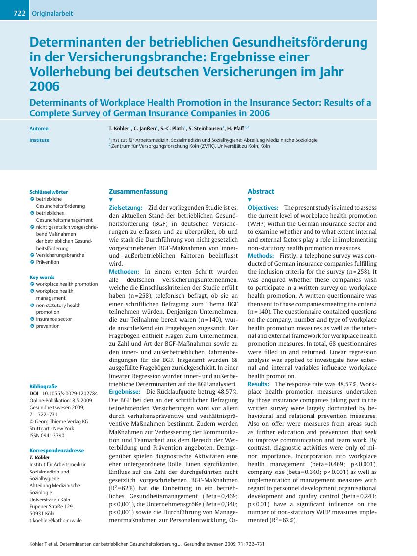 Vorschauseite 1: Determinanten der betrieblichen Gesundheitsförderung in der Versicherungsbranche: Ergebnisse einer Vollerhebung bei deutschen Versicherungen im Jahr 2006