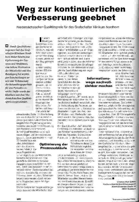 Vorschauseite 1: Weg zur kontinuierlichen Verbesserung geebnet Niedersächsischer Qualitätspreis für das Grafschafter Klinikum Nordhorn