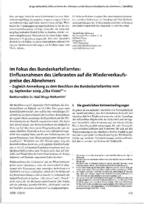 Vorschauseite 1: Im Fokus des Bundeskartellamtes: Einflussnahmen des Lieferanten auf die Wiederverkaufspreise des Abnehmers
