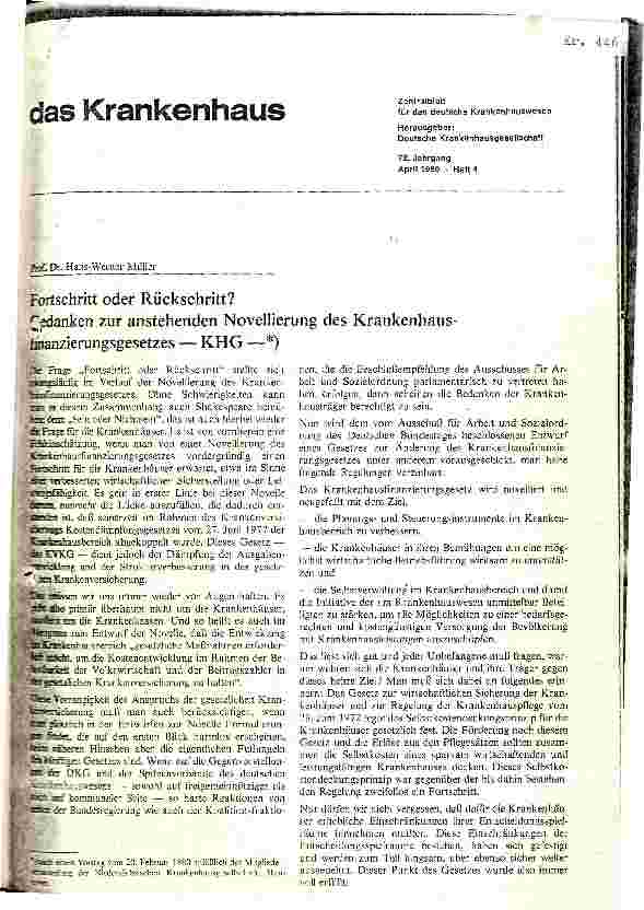 Vorschauseite 1: Fortschritt oder Rückschritt Gedanken zur anstehenden Novellierung des KHG