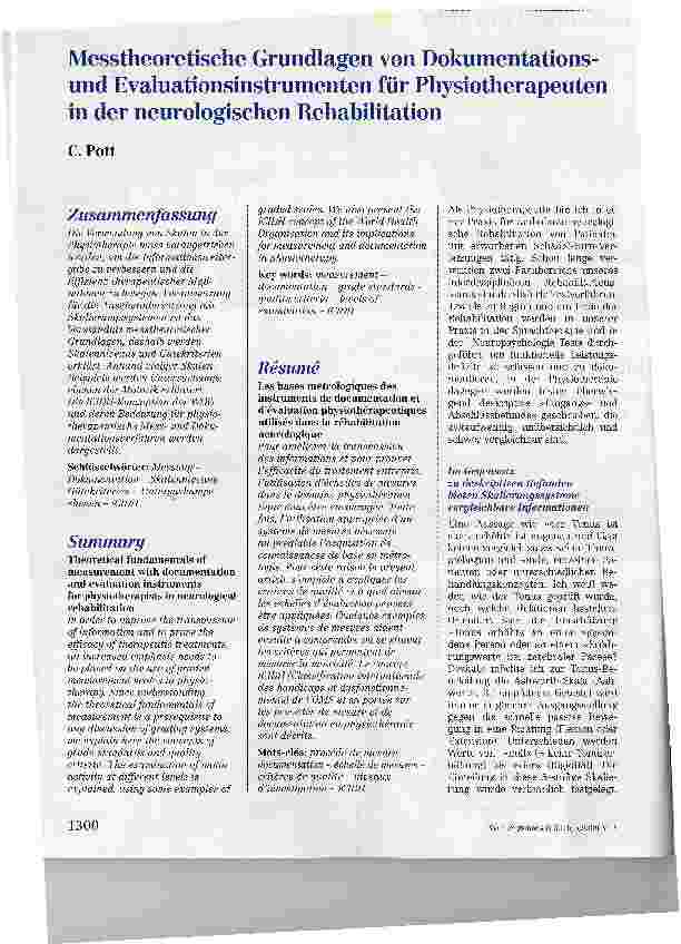 Vorschauseite 1: Messtheoretische Grundlagen von Dokumentationsund Evaluationsinstrumenten für Physiotherapeuten in der neurologischen Rehabilitation