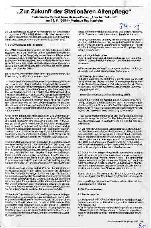 Vorschauseite 1: Zur Zukunft der Stationären Altenpflege - Einleitendes Referat beim Hessen-Forum am 29.6.1990 im Kurhaus Bad Nauheim