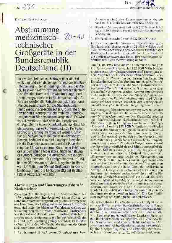Vorschauseite 1: Abstimmung medizinisch-technischer Großgeräte in der BRD (II)