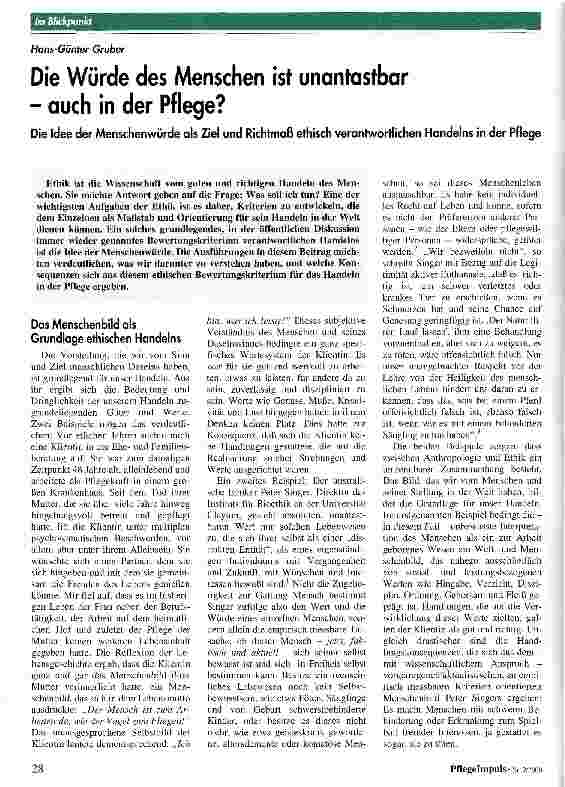 Vorschauseite 1: Die Würde des Menschen ist unantastbar - auch in der Pflege? Die Idee der Menschenwürde als Ziel und Richtmaß ethisch verantwortlichen Handelns in der Pflege