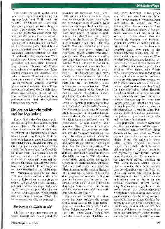 Vorschauseite 2: Die Würde des Menschen ist unantastbar - auch in der Pflege? Die Idee der Menschenwürde als Ziel und Richtmaß ethisch verantwortlichen Handelns in der Pflege