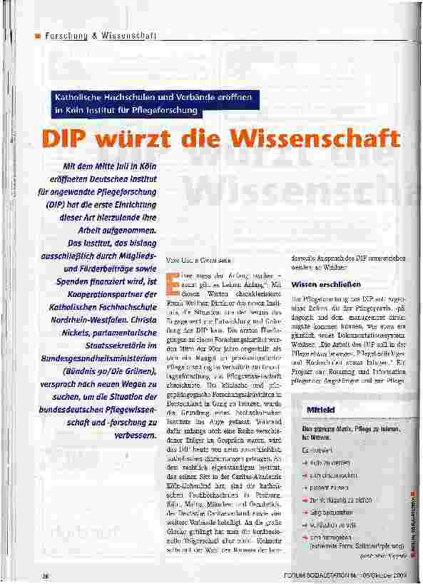 Vorschauseite 1: DIP würzt die Wissenschaft Katholische Hochschulen und Verbände eröffnen in Köln Institut für Pflegeforschung