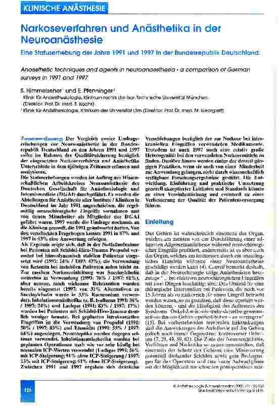 Vorschauseite 1: Narkoseverfahren und Anästhetika in der Neuroanästhesie Eine Statuserhebung der Jahre 1991 und 1997 in der Bundesrepublik Deutschland