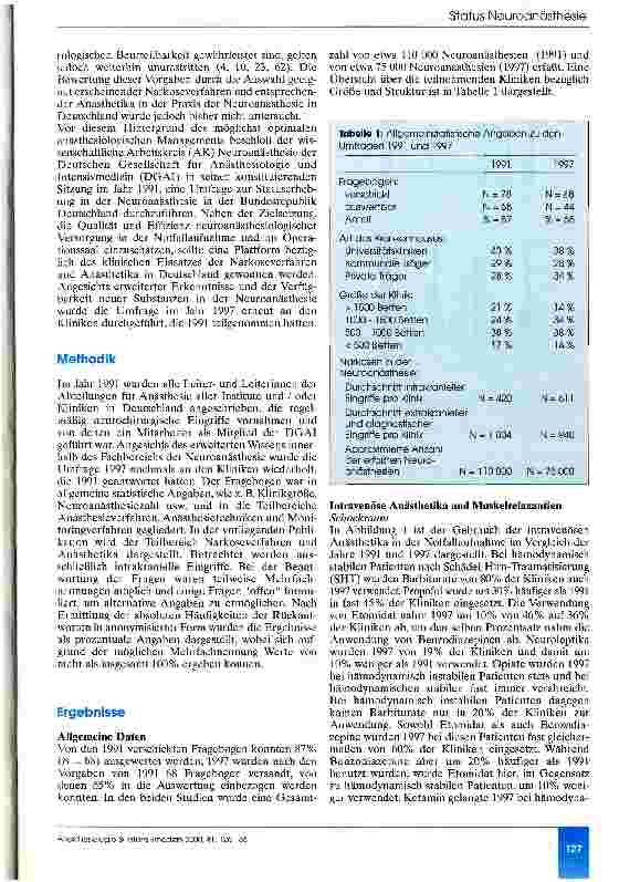Vorschauseite 2: Narkoseverfahren und Anästhetika in der Neuroanästhesie Eine Statuserhebung der Jahre 1991 und 1997 in der Bundesrepublik Deutschland