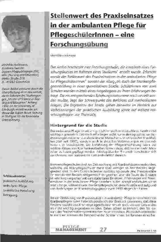 Vorschauseite 1: Stellenwert des Praxiseinsatzes in der ambulanten Pflege für PflegeschülerInnen - eine Forschungsübung
