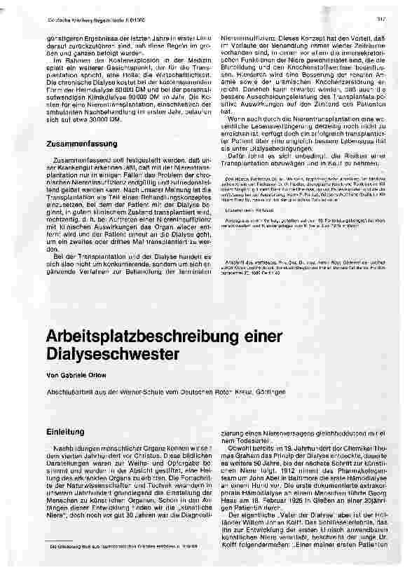 Vorschauseite 1: Arbeitsplatzbeschreibung einer Dialyseschwester