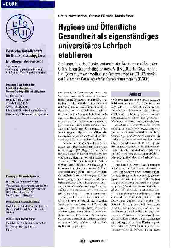 Vorschauseite 1: Hygiene und Öffentliche Gesundheit als eigenständiges universitäres Lehrfach etablieren