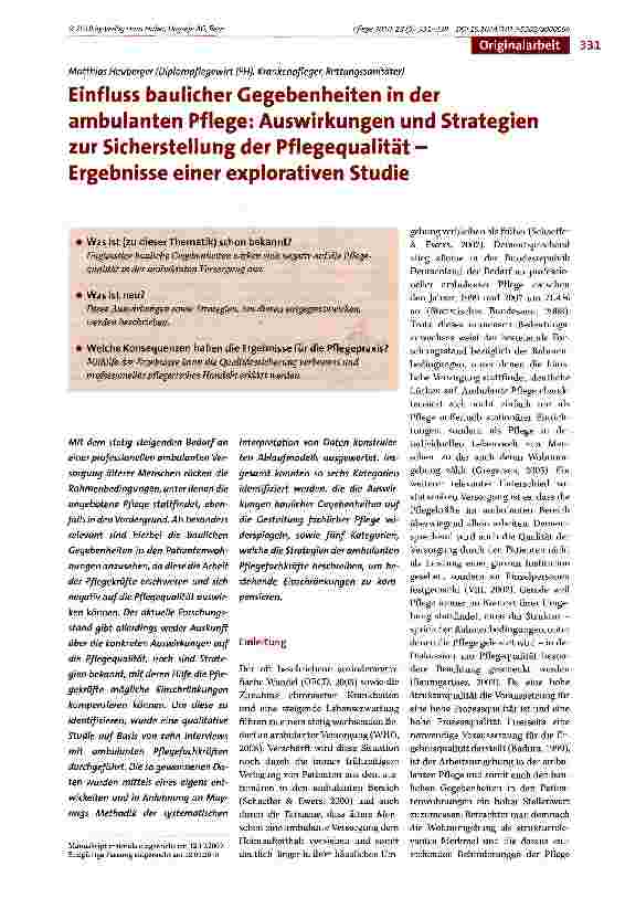 Vorschauseite 1: Einfluss baulicher Gegebenheiten in der ambulanten Pflege: Auswirkungen und Strategien zur Sicherstellung der Pflegequalität -Ergebnisse einer explorativen Studie