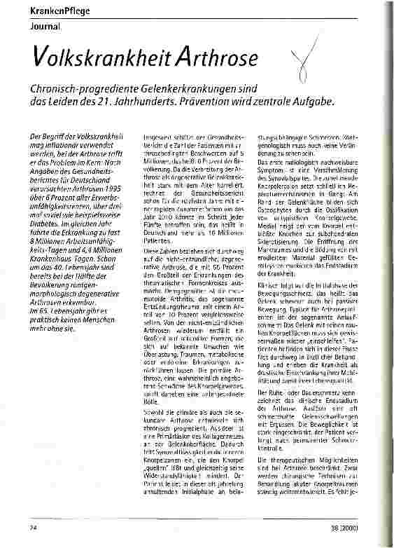Vorschauseite 1: Volkskrankheit Arthrose Chronisch-progrediente Gelenkerkrankungen sind das Leiden des 21. Jahrhunderts. Prävention wird zentrale Aufgabe