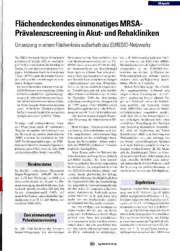 Vorschauseite 1: Flächendeckendes einmonatiges MRSA-Prävalenzscreening in Akutund Rehakliniken