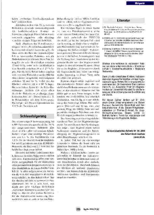 Vorschauseite 3: Flächendeckendes einmonatiges MRSA-Prävalenzscreening in Akutund Rehakliniken