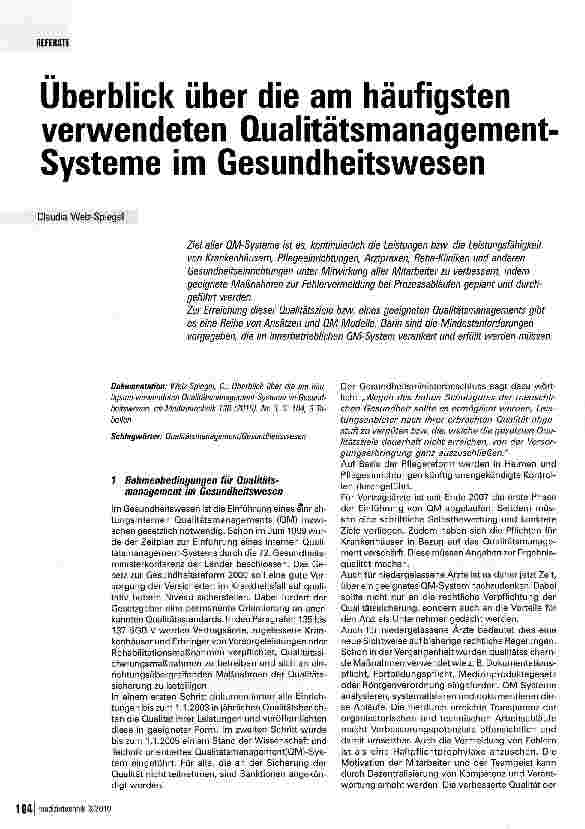 Vorschauseite 1: Überblick über die am häufigsten verwendeten Qualitätsmanagement Systeme im Gesundheitswesen