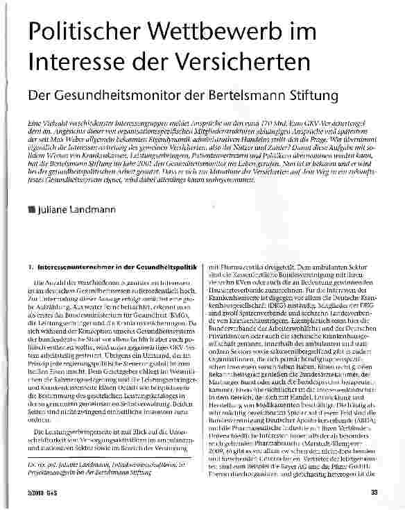 Vorschauseite 1: Politischer Wettbewerb im Interesse der Versicherten Der Gesundheitsmonitor der Bertelsmann Stiftung
