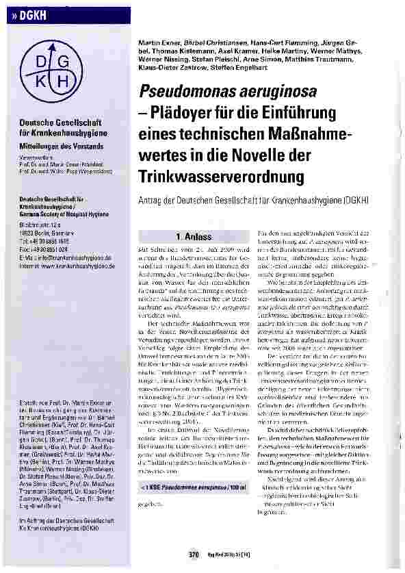 Vorschauseite 1: Pseudomonas aeruginosa - Plädoyer für die Einführung eines technischen Maßnahmewertes in die Novelle der Trinkwasserverordnung