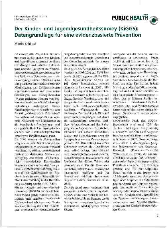 Vorschauseite 1: Der Kinderund Jugendgesundheitssurvey (KiGGS): Datengrundlage für eine evidenzbasierte Prävention