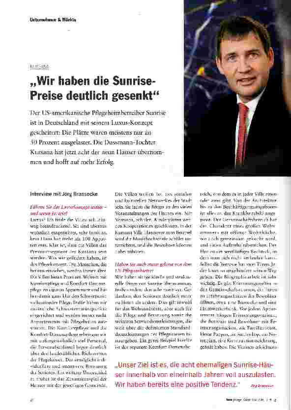 Vorschauseite 1: „Wir haben die Sunrise-Preise deutlich gesenktDer US-amerikanische Pflegeheimbetreiber Sunrise ist in Deutschland mit seinem Luxus-Konzept gescheitert: Die Plätze waren meistens n…