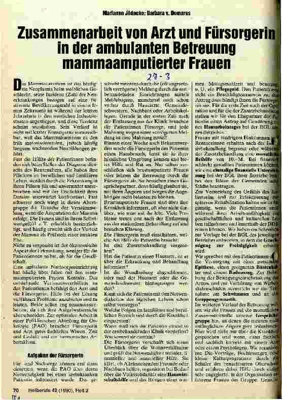 Vorschauseite 1: Zusammenarbeit von Arzt und Fürsorgerin in der ambulanten Betreuung mammaamputierter Frauen
