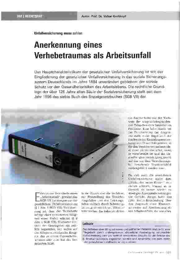 Vorschauseite 1: Anerkennung eines Verhebetraumas als Arbeitsunfall