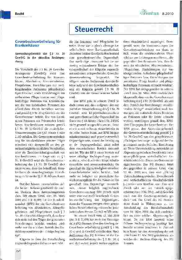 Vorschauseite 1: Gewerbesteuerbefreiung für Krankenhäuser Anwendungsbereich des § 3 Nr. 20 GewStG in der aktuellen Rechtsprechung