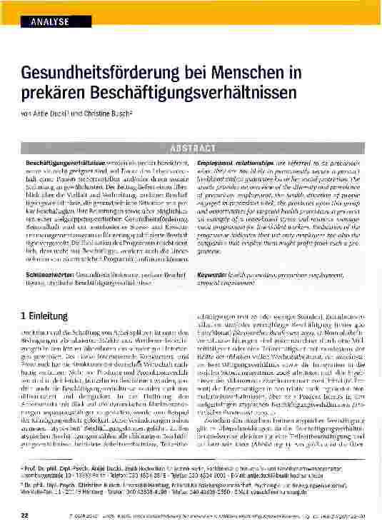 Vorschauseite 1: Gesundheitsförderung bei Menschen in prekären Beschäftigungsverhältnissen