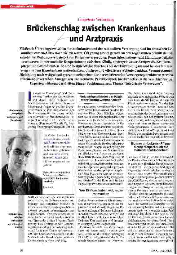 Vorschauseite 1: Brückenschlag zwischen Krankenhaus und Arztpraxis Integrierte Versorgung