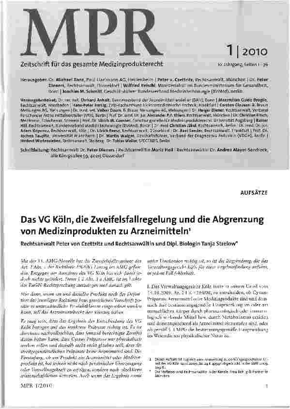 Vorschauseite 1: Das VG Köln, die Zweifelsfallregelung und die Abgrenzung von Medizinprodukten zu Arzneimitteln