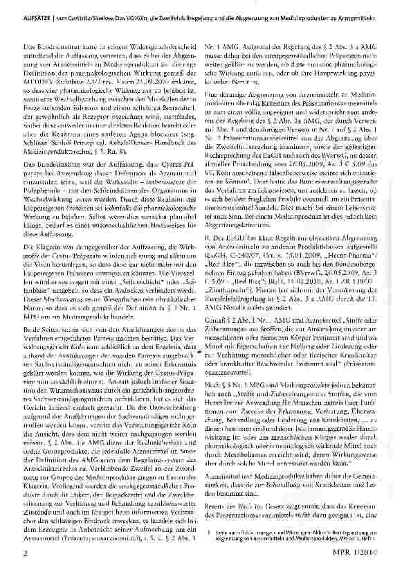 Vorschauseite 2: Das VG Köln, die Zweifelsfallregelung und die Abgrenzung von Medizinprodukten zu Arzneimitteln