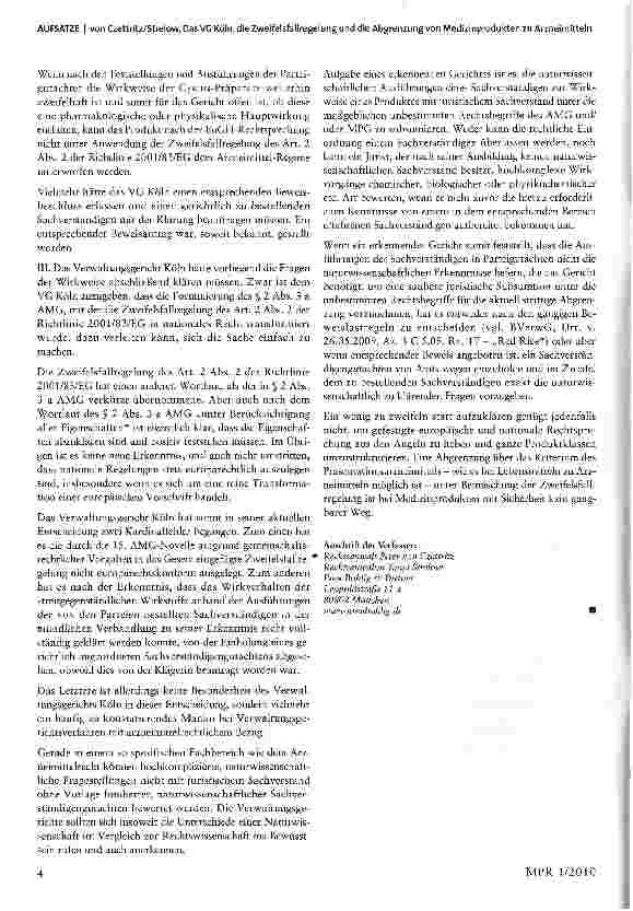 Vorschauseite 4: Das VG Köln, die Zweifelsfallregelung und die Abgrenzung von Medizinprodukten zu Arzneimitteln