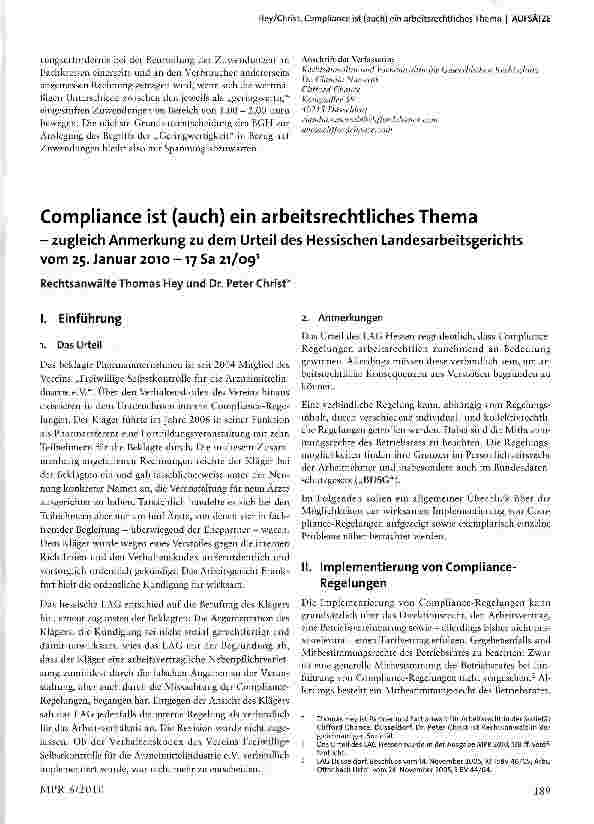 Vorschauseite 1: Compliance ist (auch) ein arbeitsrechtliches Themazugleich Anmerkung zu dem Urteil des Hessischen Landesarbeitsgerichts vom 25. Januar 2010 -17 Sa 21/091