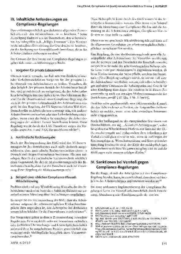 Vorschauseite 3: Compliance ist (auch) ein arbeitsrechtliches Themazugleich Anmerkung zu dem Urteil des Hessischen Landesarbeitsgerichts vom 25. Januar 2010 -17 Sa 21/091